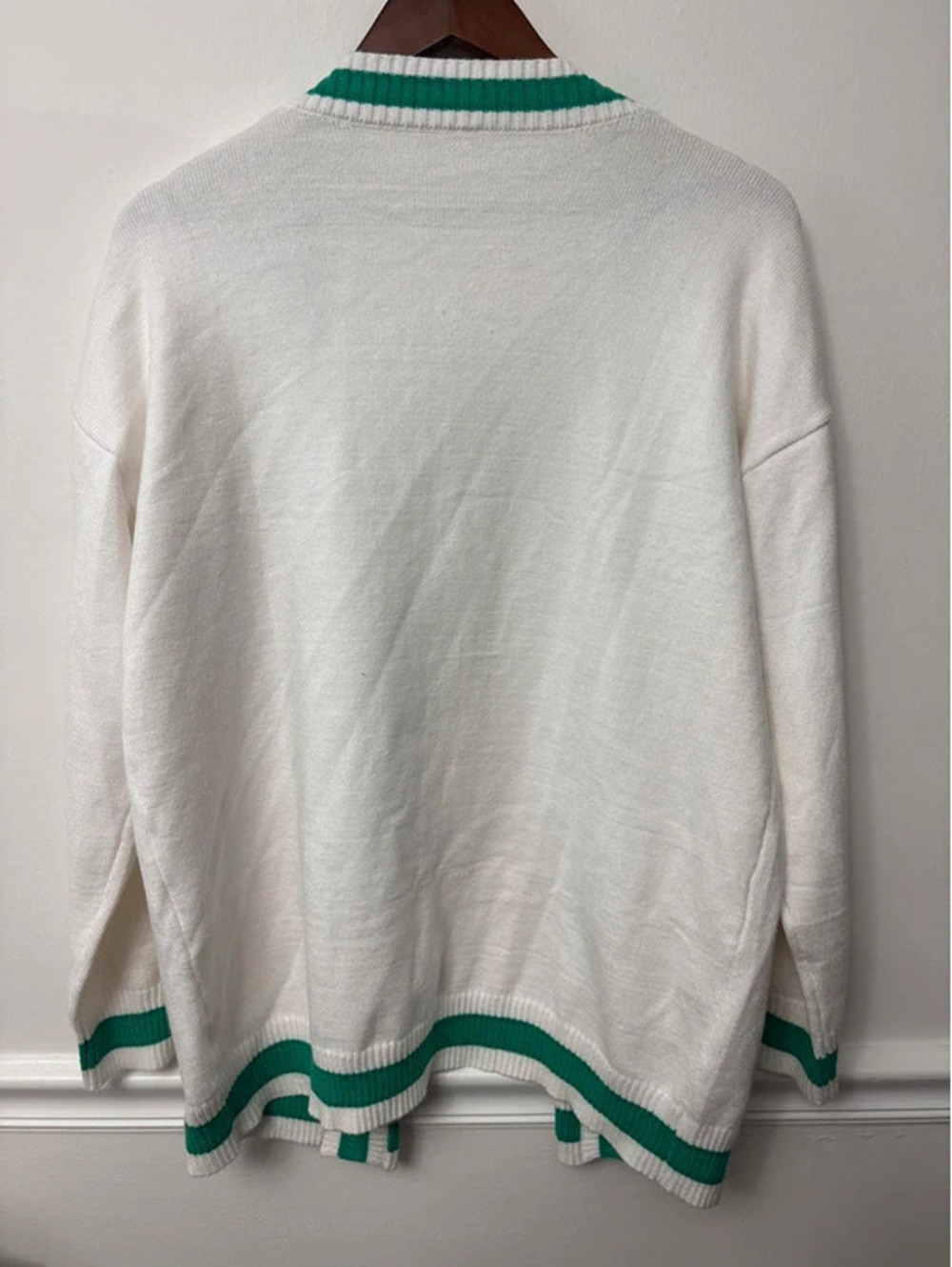 Women’s Large Ivory Green Striped Open-Front Varsity Cardigan - Picture 4 of 5